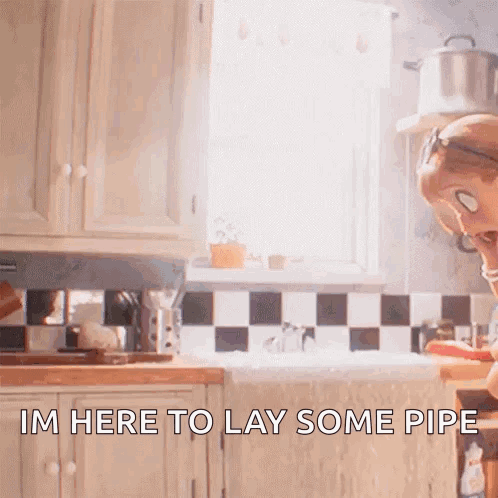 a cartoon character is standing in a kitchen and saying i 'm here to lay some pipe