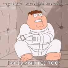 a cartoon of peter griffin in a straight jacket sitting in a room .